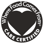 A circular black-and-white 'Where Food Comes From' certification badge with a heart in the center and the words 'CARE CERTIFIED' around the edge.