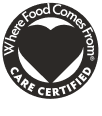A circular black and white logo badge reading 'Where Food Comes From CARE CERTIFIED' with a heart-shaped emblem in the center.