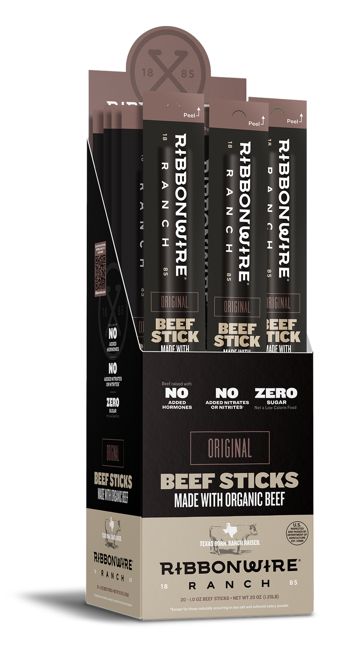 Packaging of Ribonwaire beef sticks with various flavors displayed.