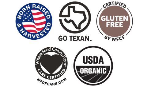 A set of six circular and oval food safety and certification logos on a plain white background, including Born Raised & Harvested, Go Texan, Certified Gluten Free by WFCCF, Where Food Comes From Care Certified, USDA Organic, and WFCCFcare.com.